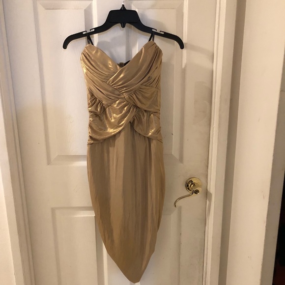 Shimmery gold Bebe strap less party dress - Picture 1 of 4